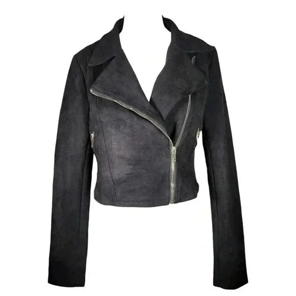 Vera & Lucy Tassel Faux Suede Black Moto Wing Collar Jacket Coat Size M - Picture 2 of 13